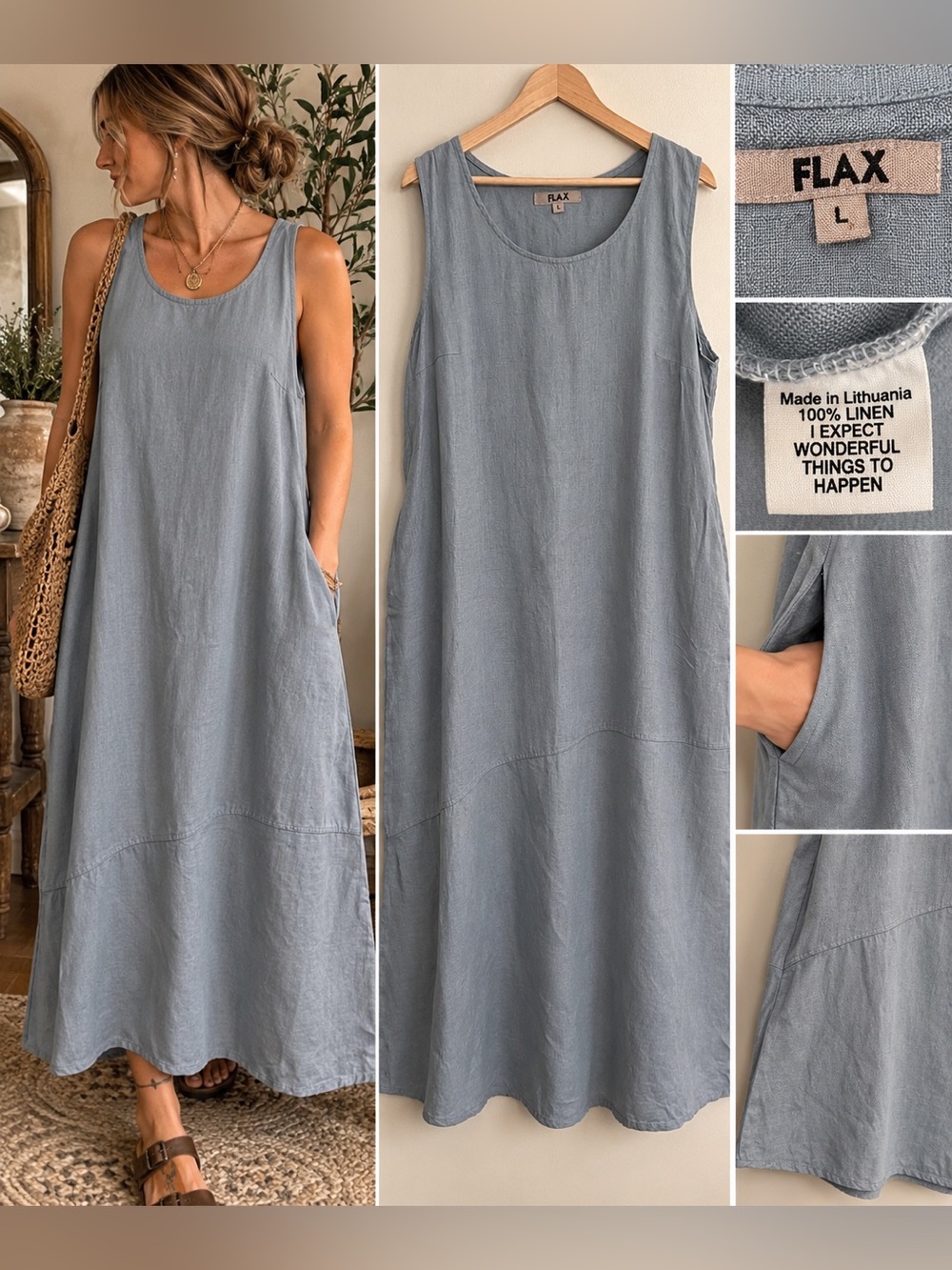 FLAX 100% Linen Maxi Dress L Blue Gray Sleeveless Lagenlook Pocket Artsy
